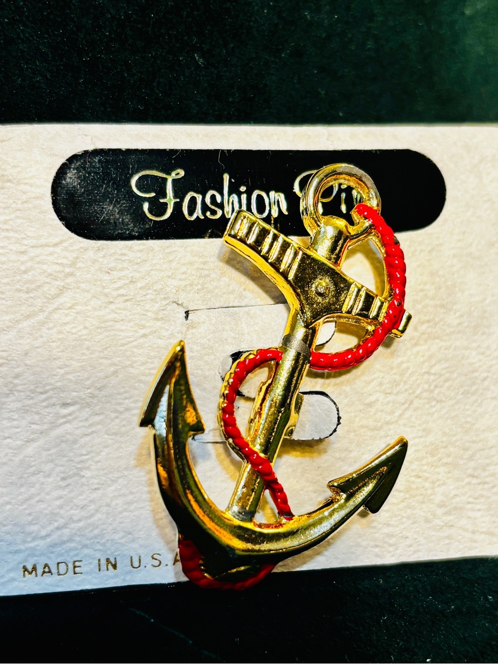 Gold Anchor Brooch with Red Rope Accent -